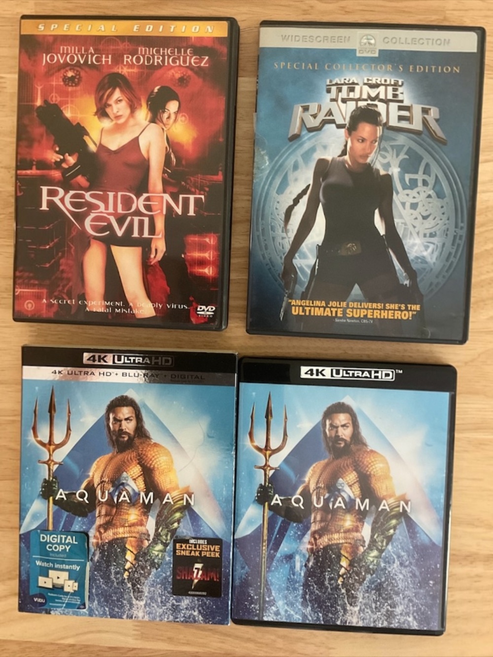 Movie DVD Bundle – Aquaman 4K Ultra HD Blu-ray, Resident Evil & Tomb Raider